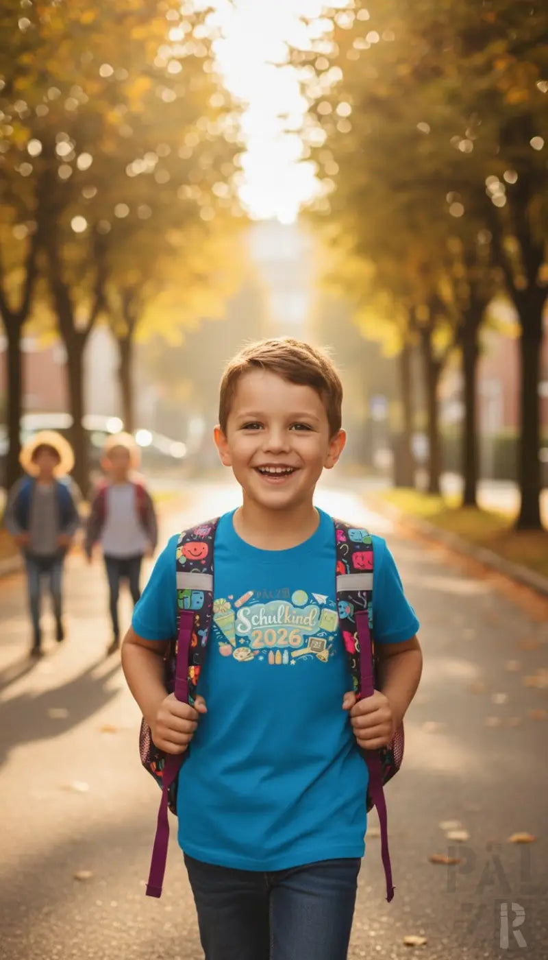 Ein kind trägt ein kinder t-shirt in blau mit schulband 2026 aufdruck und einem bunten rucksack