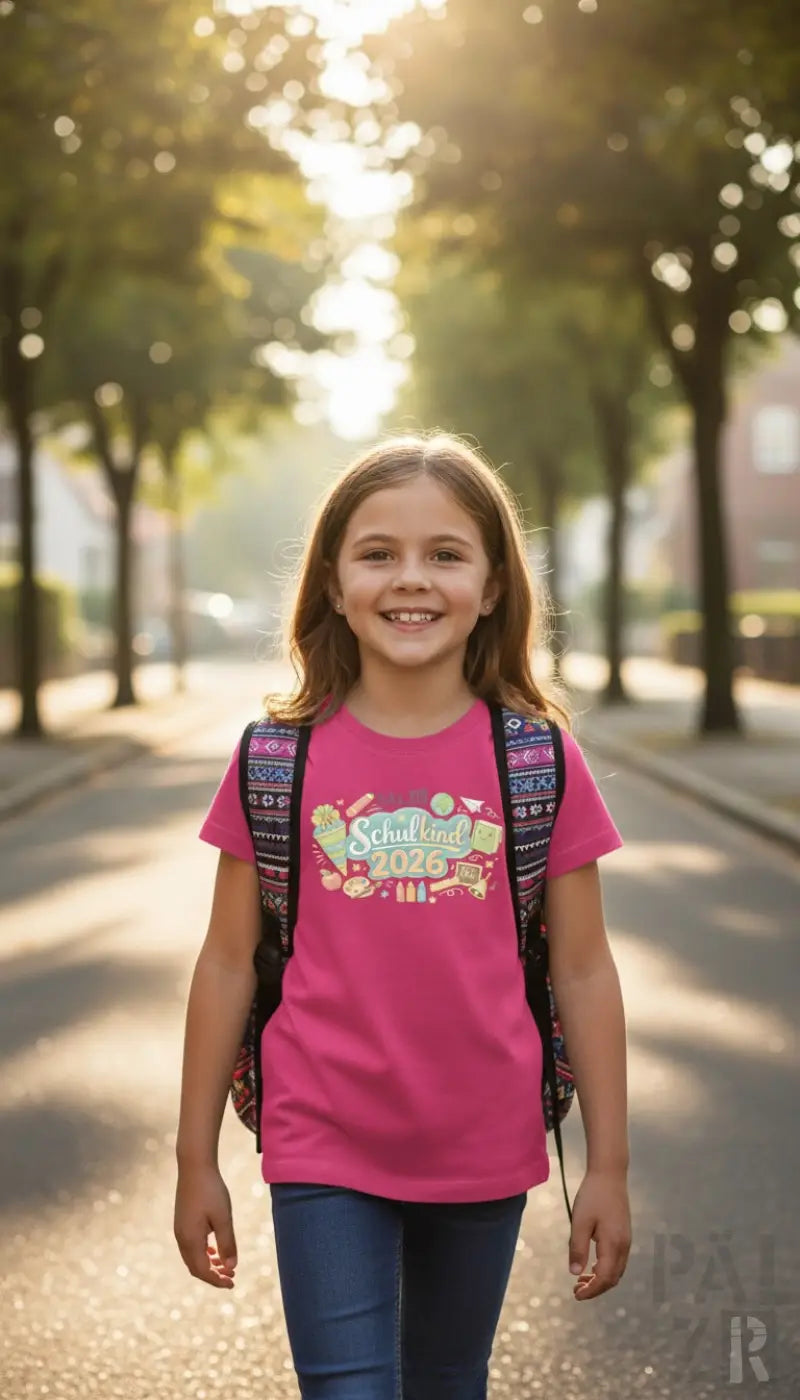 Kinder t-shirt in pink mit bunter schulstart 2026 grafik für paälzr schulkind in verschiedenen farben