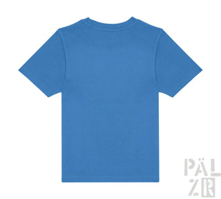 Königsblaues T-Shirt mit kurzen Ärmeln und Rundhals.