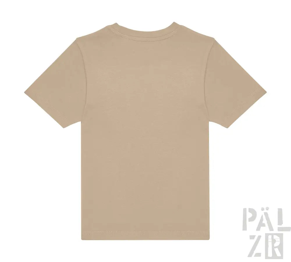 Beige Baumwoll-T-Shirt mit Rundhals und kurzen Ärmeln.