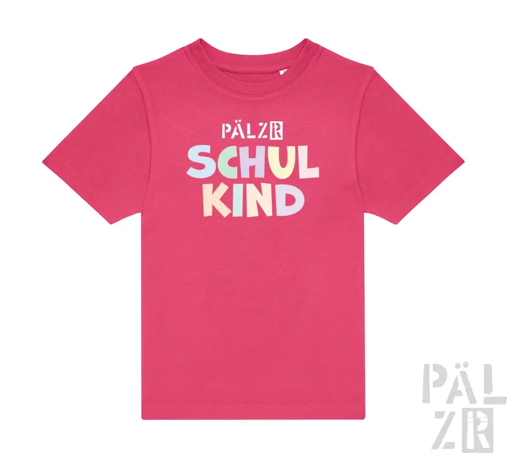 Rosa T-Shirt mit Textdesign „pälzr schulkind“, aus Baumwolle gefertigt.