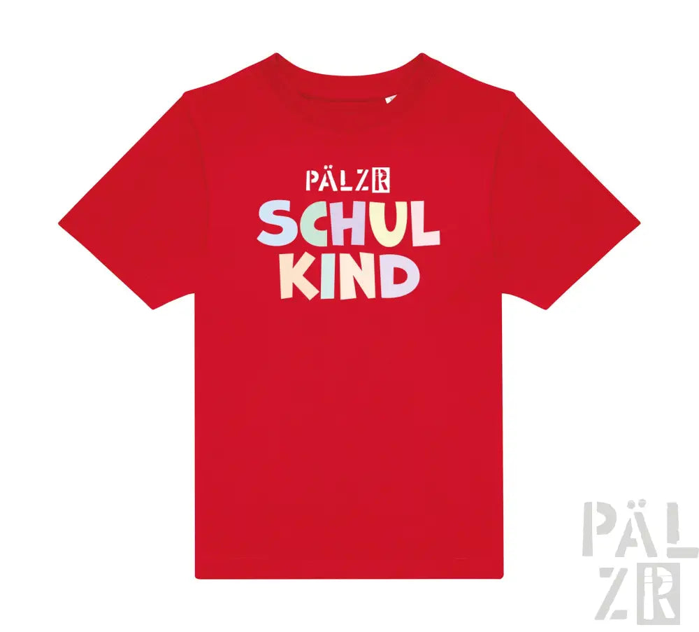 Rotes T-Shirt mit Textdesign „pälzr schulkind“, Baumwollmaterial.