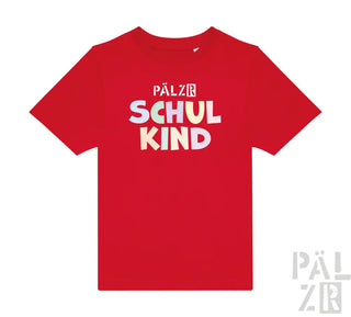 Rotes T-Shirt mit Textdesign „pälzr schulkind“, Baumwollmaterial.