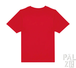 Rotes T-Shirt mit kurzen Ärmeln und Rundhals, wahrscheinlich aus Baumwolle oder Polyester.