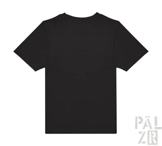 Schwarzes T-Shirt mit kurzen Ärmeln und Rundhals.