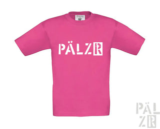 Rosa T-Shirt mit ’pälzr’ Textdesign, weißem Material und Logo.