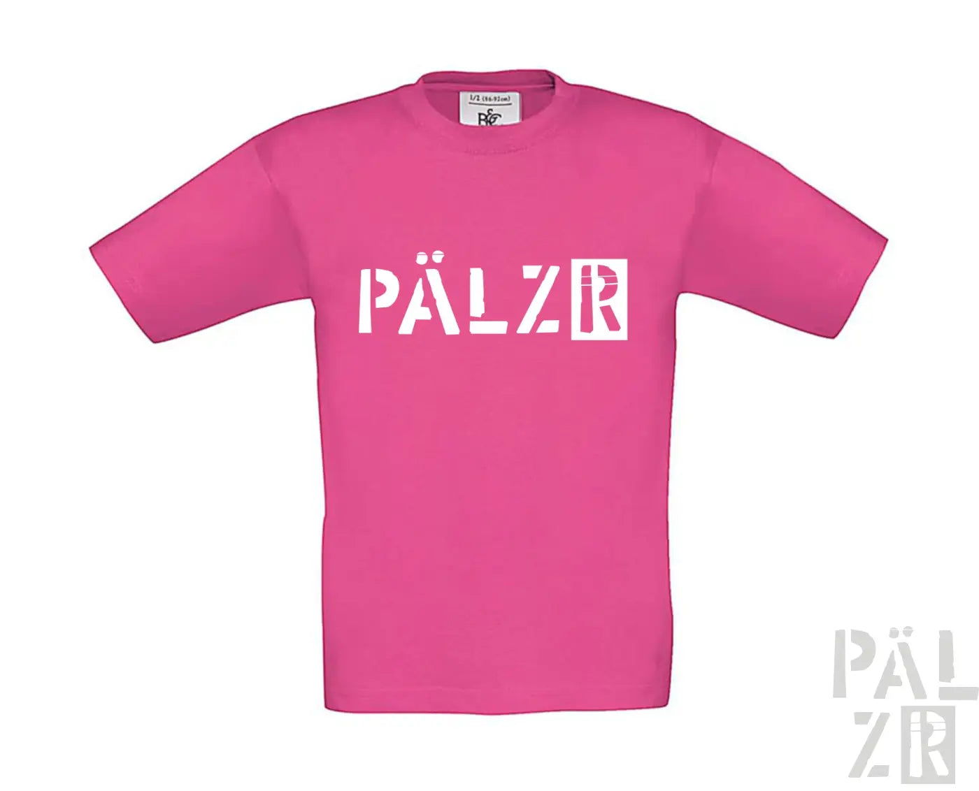 Rosa T-Shirt mit ‘pälzr’-Textdesign, weißes Material und Logo.