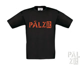 Schwarzes T-Shirt mit orange ’pälzr’ Logo-Design, aus Baumwolle gefertigt.