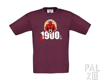 1900 Burgunder-T-Shirt mit Teufel-Design und Fußball.