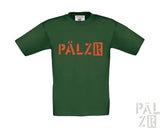 Grünes T-Shirt mit orangem „pälzr“-Logo und schwarzem Grafikdesign auf der Vorderseite, aus Baumwolle gefertigt.