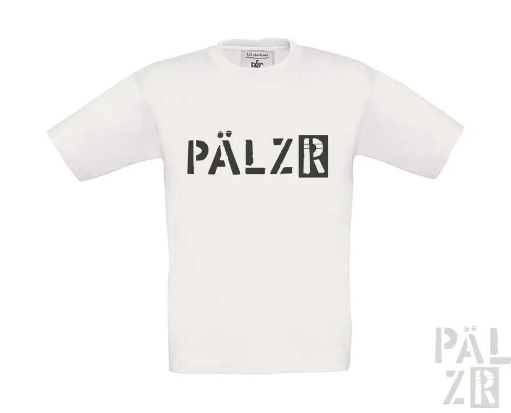 Weißes T-Shirt mit schwarzem ’pälzr’-Logo-Design.