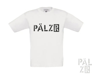 Weißes T-Shirt mit schwarzem ’pälzr’-Logo-Design.