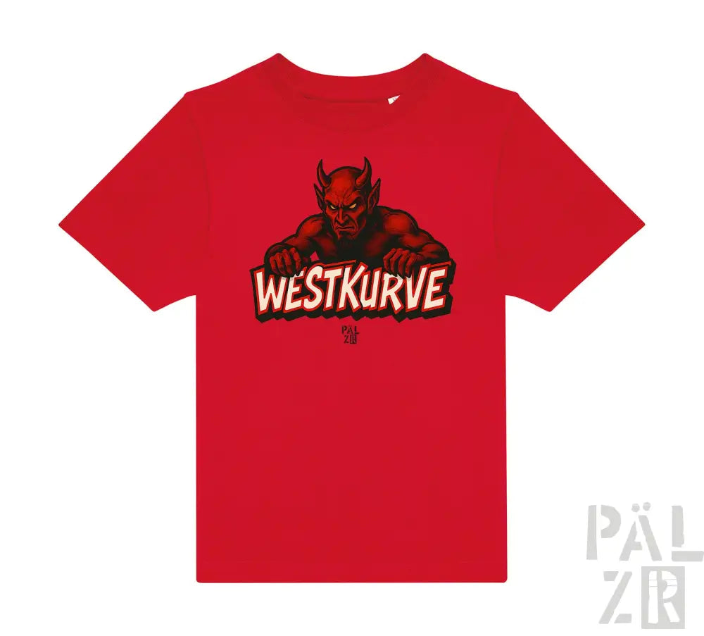 Rotes Teufel-T-Shirt mit ’westkurve’-Text und Logo-Design.