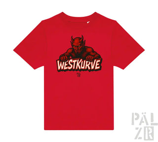 Rotes Teufel-T-Shirt mit ’westkurve’-Text und Logo-Design.