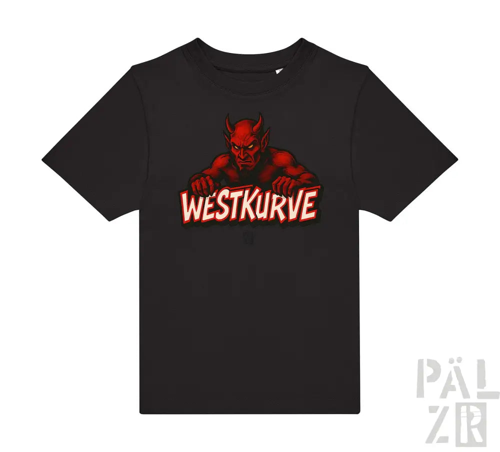 Schwarzes T-Shirt mit rotem Teufel-Design und Text ’westkurve’