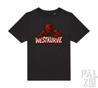 Schwarzes T-Shirt mit rotem Teufel-Design und Text ’westkurve’