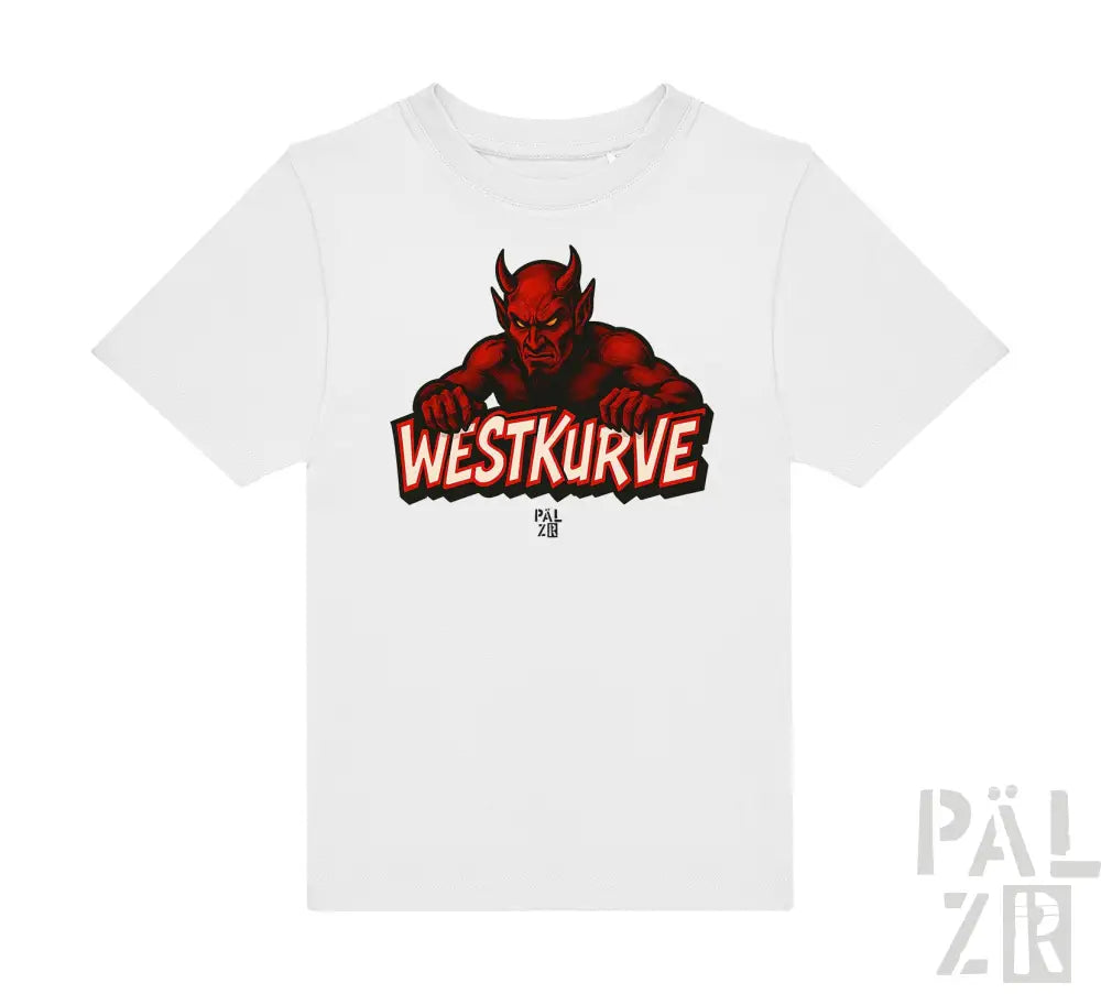 Weißes T-Shirt mit rotem Teufel-Design und Text „westkurve“ auf der Vorderseite.