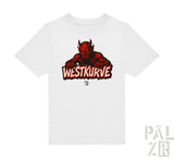 Weißes T-Shirt mit rotem Teufel-Design und Text „westkurve“ auf der Vorderseite.