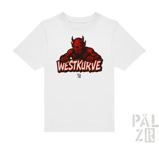 Weißes T-Shirt mit rotem Teufel-Design und Text „westkurve“ auf der Vorderseite.