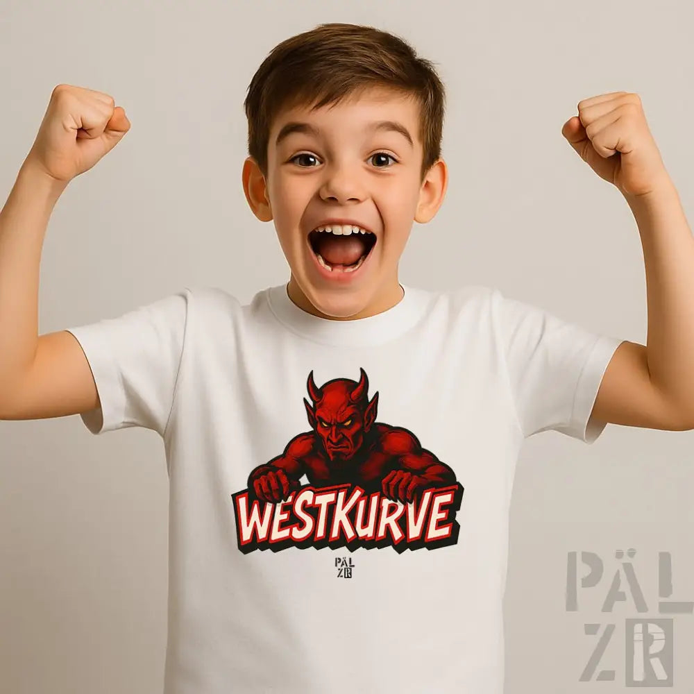 Weißes T-Shirt mit rotem Teufel-Design und ’westkurve’-Text.