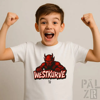 Weißes T-Shirt mit rotem Teufel-Design und ’westkurve’-Text.