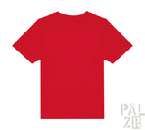 Rotes T-Shirt mit kurzen Ärmeln und Rundhals, wahrscheinlich aus Baumwolle oder Polyester.