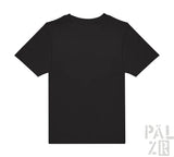 Schwarzes T-Shirt mit kurzen Ärmeln und Rundhals.