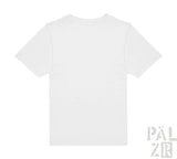 Weißes Baumwoll-T-Shirt mit V-Ausschnitt und kurzen Ärmeln.