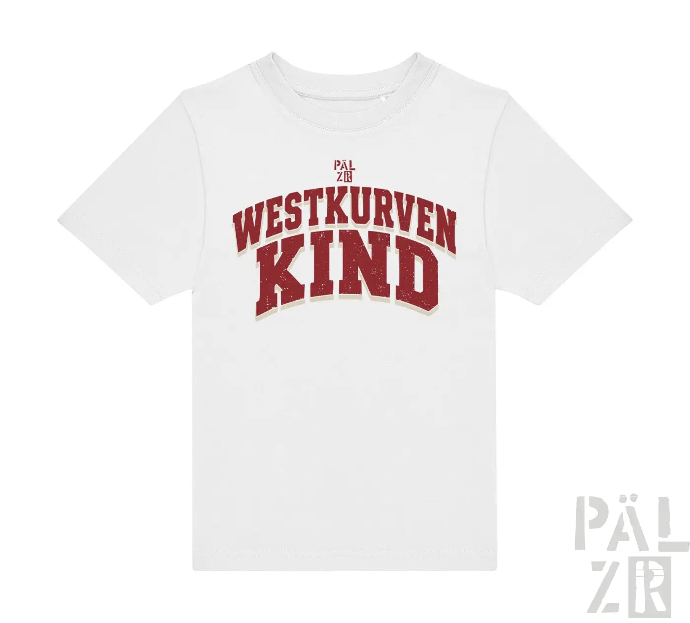 Weißes kurzarm kinder t-shirt mit rotem westkurvenkind logo und pal zib branding in verschiedenen farben