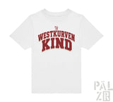 Weißes kurzarm kinder t-shirt mit rotem westkurvenkind logo und pal zib branding in verschiedenen farben