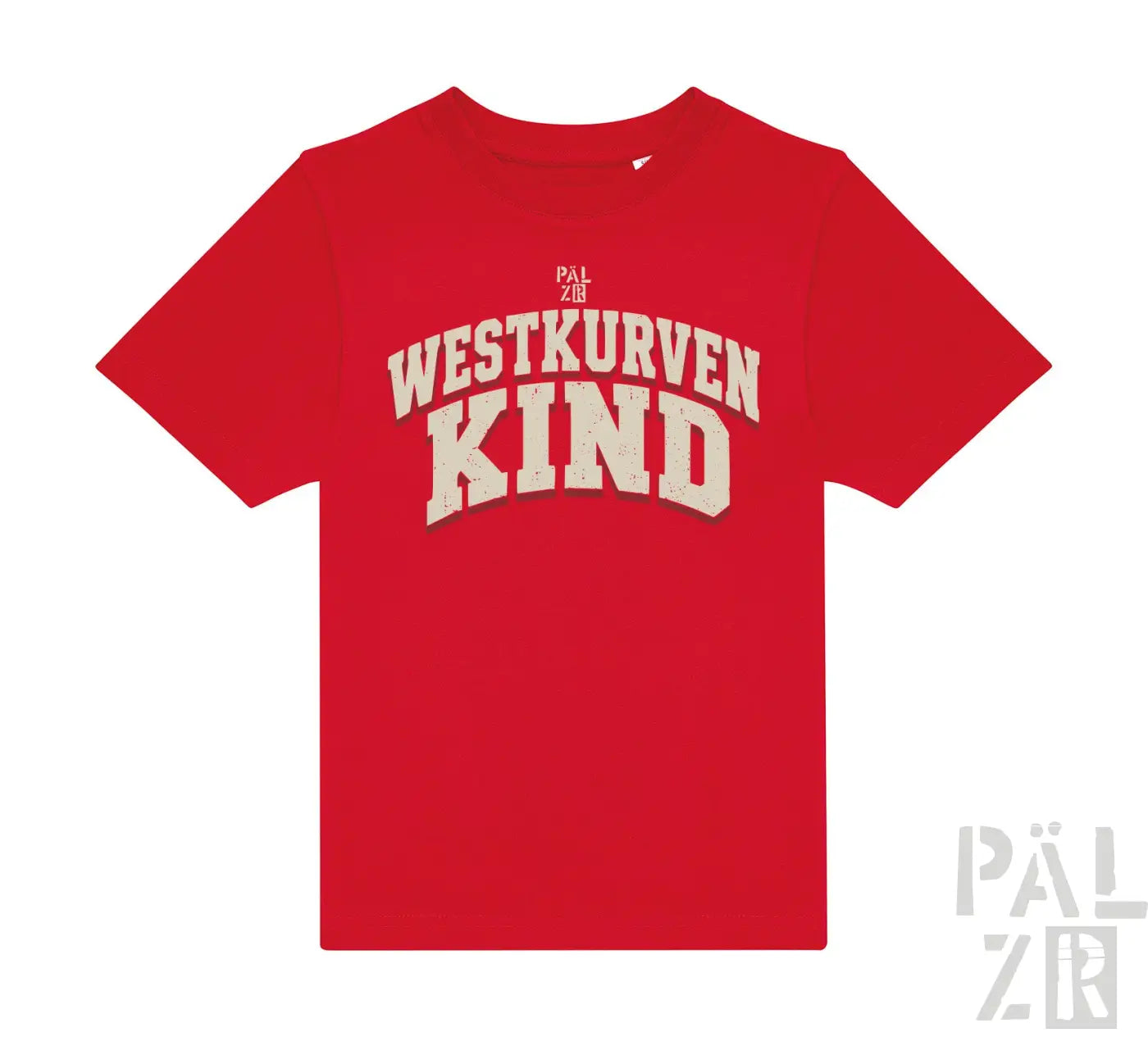 Rotes kindertshirt mit kurzarm und westkurvenkind in cremefarbenen, used buchstaben bedruckt