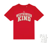 Rotes kindertshirt mit kurzarm und westkurvenkind in cremefarbenen, used buchstaben bedruckt