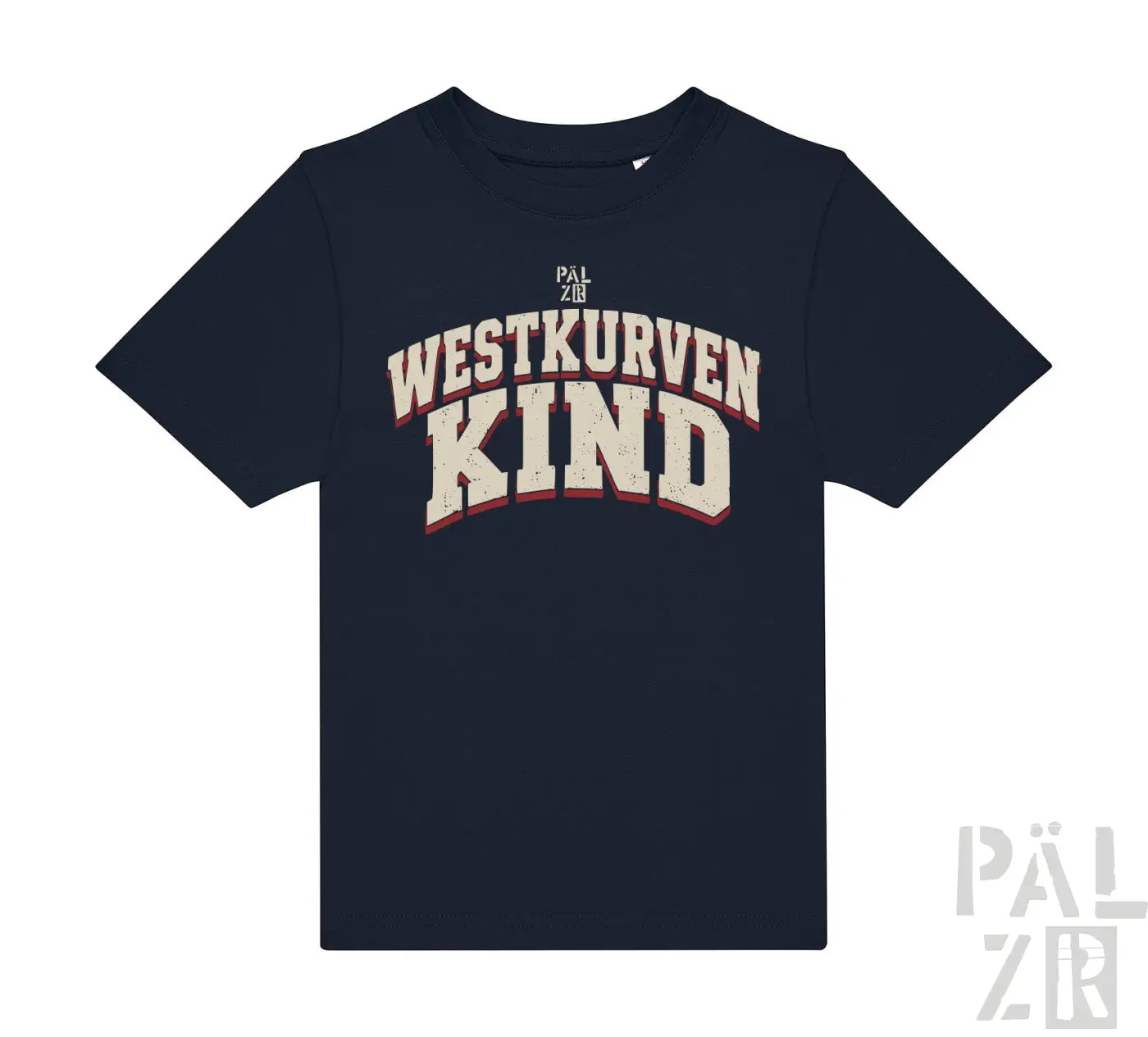 Kinder navyblaues kurzarm t-shirt aus baumwolle mit westkurven kind print in weiß und rot auf der brust