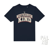 Kinder navyblaues kurzarm t-shirt aus baumwolle mit westkurven kind print in weiß und rot auf der brust