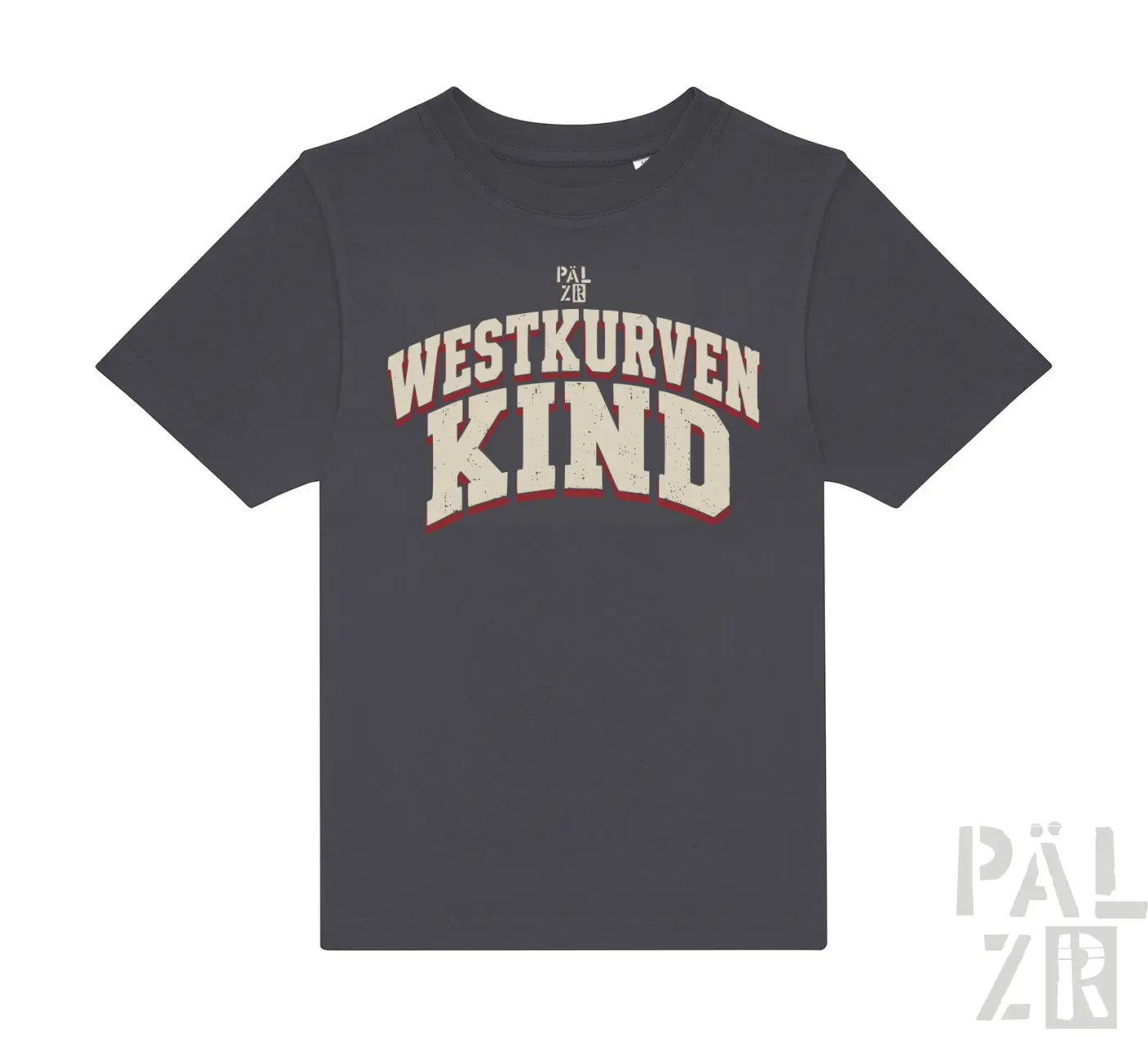 Kinder tshirt westkurvenkind in dunkelgrau mit weiß rotem distressed print und pal zib markenlogo
