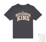 Kinder tshirt westkurvenkind in dunkelgrau mit weiß rotem distressed print und pal zib markenlogo