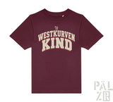 Maroon kinder t-shirt mit distressed creamfarbenem westkurvenkind bogen und kleinem pal zib logo vorne