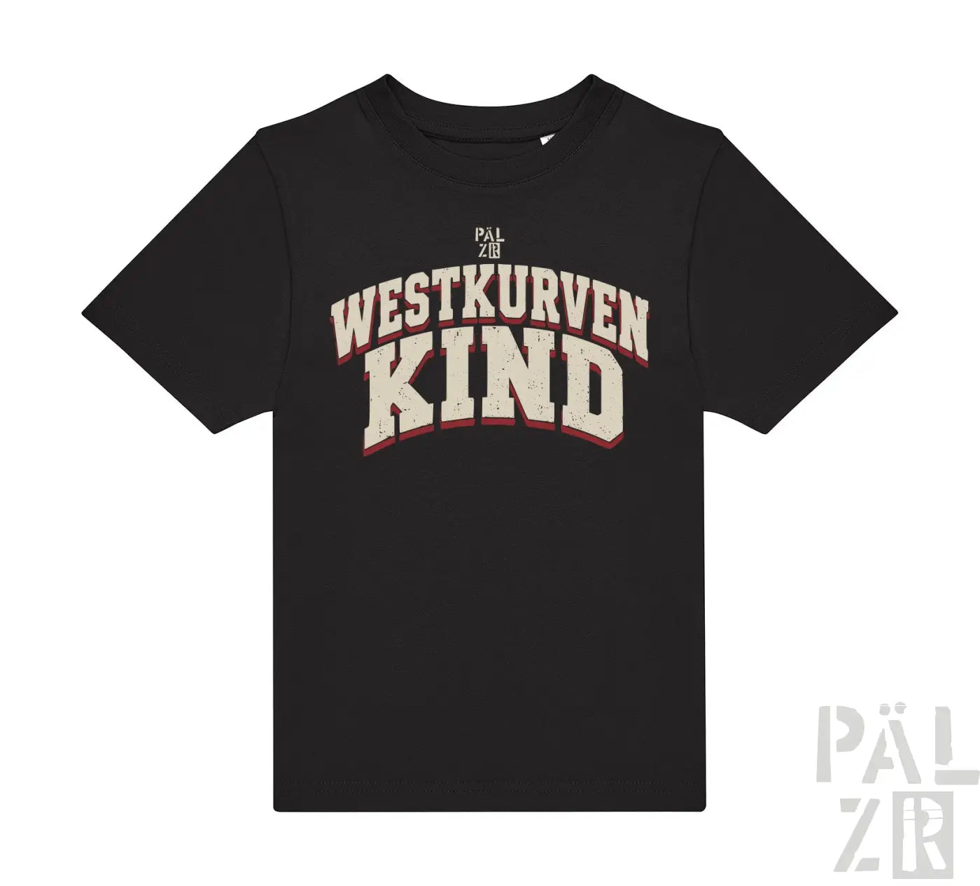 Schwarzes kurzarm kinder t-shirt westkurvenkind mit weiß-roter distressed schrift auf der brust