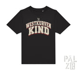 Schwarzes kurzarm kinder t-shirt westkurvenkind mit weiß-roter distressed schrift auf der brust