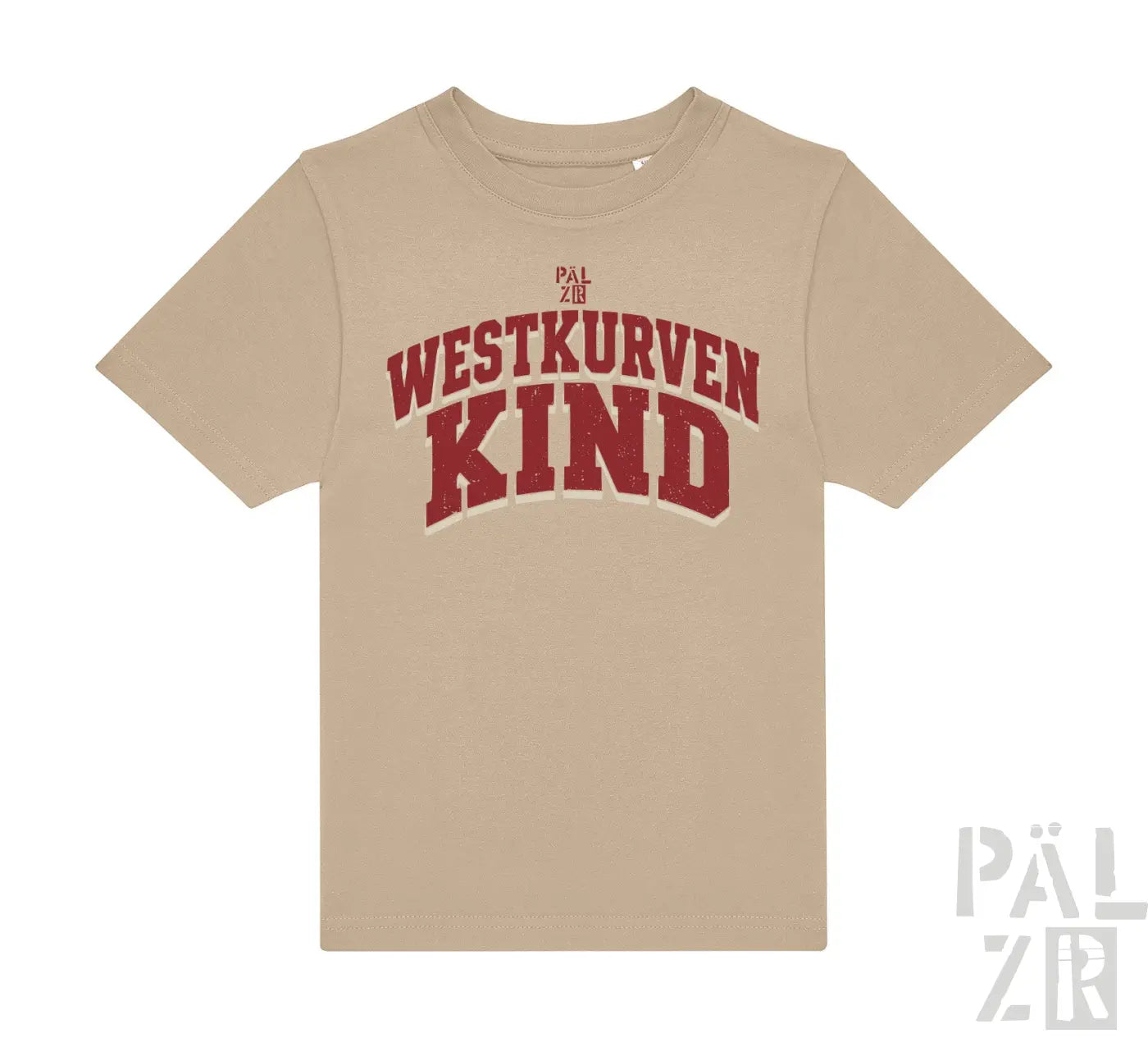 Beige kinder t-shirt mit kurzarmen und rotem distressed westkurvenkind grafikbogen und kleinem pal zib logo