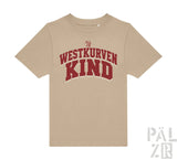 Beige kinder t-shirt mit kurzarmen und rotem distressed westkurvenkind grafikbogen und kleinem pal zib logo