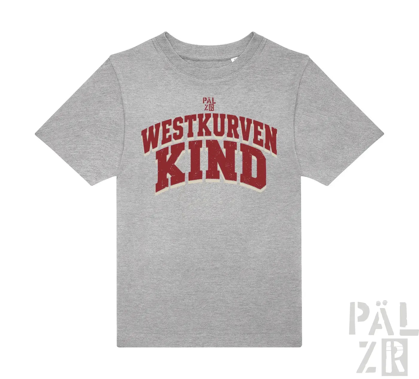 Graues meliertes kinder t-shirt aus baumwolle mit rotem westkurvenkind schriftzug und pal zib logo