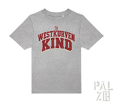 Graues meliertes kinder t-shirt aus baumwolle mit rotem westkurvenkind schriftzug und pal zib logo