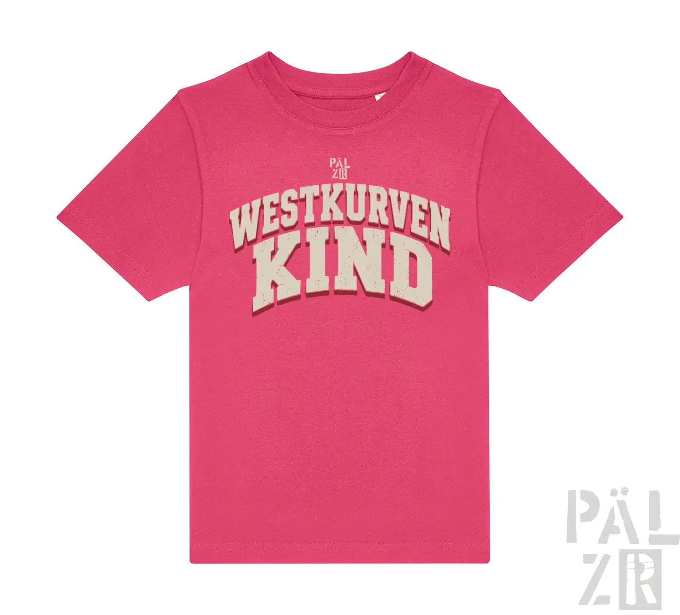 Leuchtend pinkes kurzarm-kinder-t-shirt mit cremefarbenem westkurvenkind print und dezentem used look von pal zeb