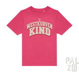 Leuchtend pinkes kurzarm-kinder-t-shirt mit cremefarbenem westkurvenkind print und dezentem used look von pal zeb