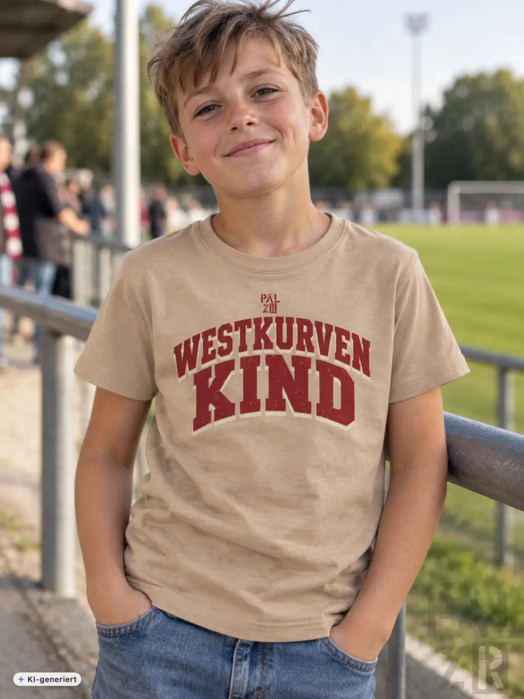 Beige kurzarm kinder t-shirt mit fettem rotem westkurvenkind schriftzug auf der brust in verschiedenen farben