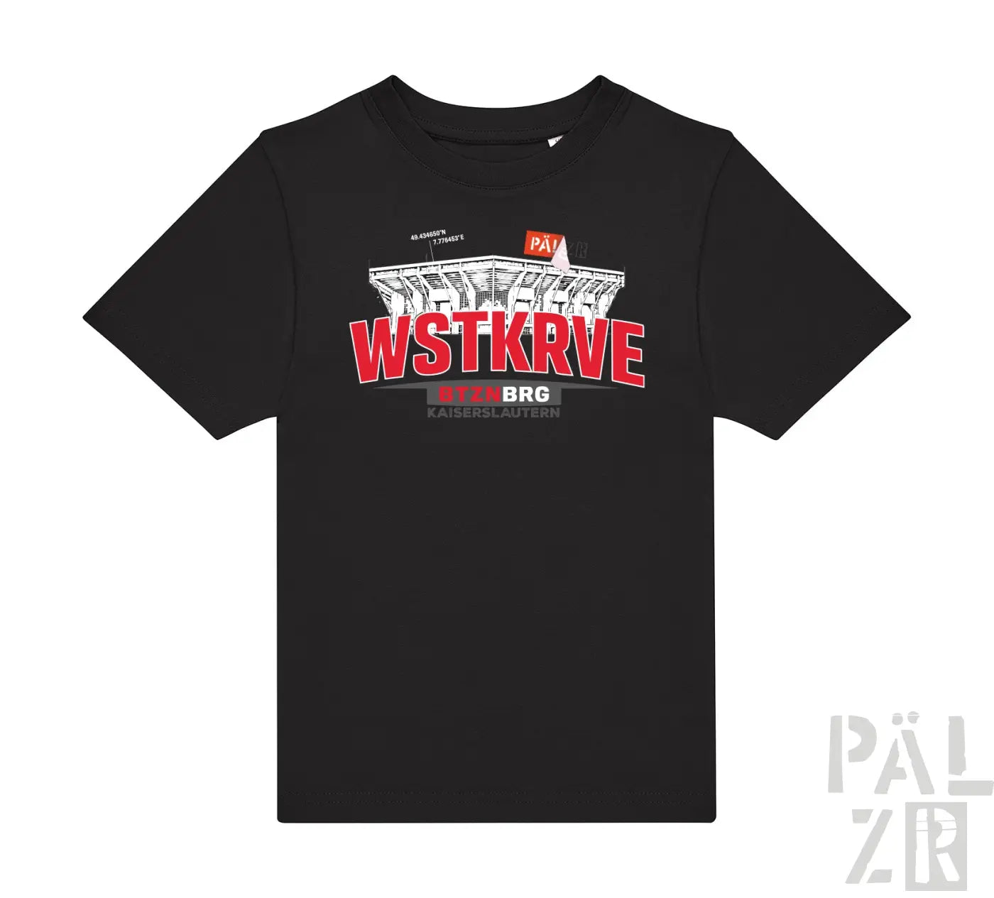 Kinder t-shirt schwarz mit kurzem arm und rotem weißem graphic vom kaiserslautern stadion mit wstkrve schriftzug