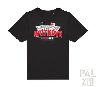 Kinder t-shirt schwarz mit kurzem arm und rotem weißem graphic vom kaiserslautern stadion mit wstkrve schriftzug