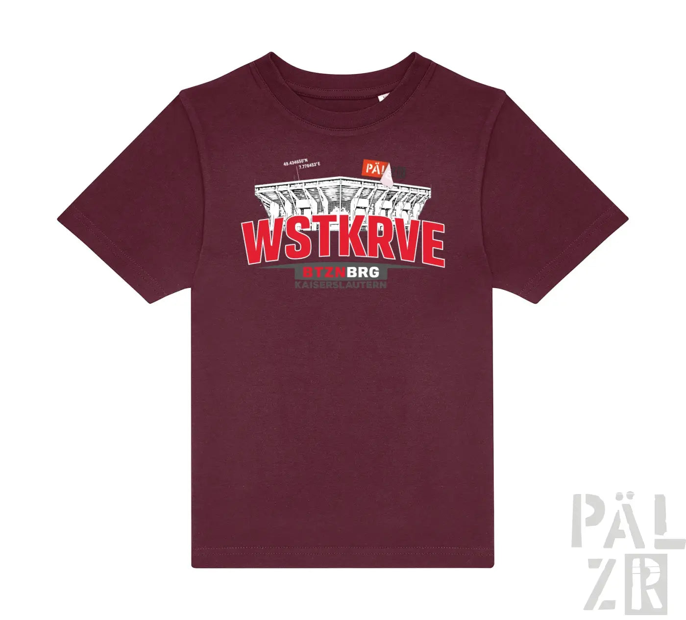 Kinder t-shirt maroon kurzarm mit auffälligem rot weißem stadion grafik wstkrve schriftzug vorne