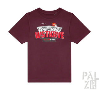 Kinder t-shirt maroon kurzarm mit auffälligem rot weißem stadion grafik wstkrve schriftzug vorne